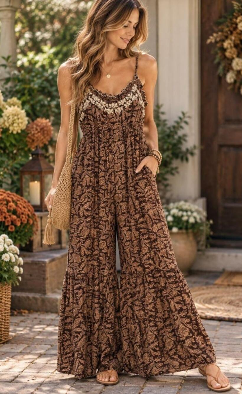 Natural Life Floral Wide Leg Boho Jumpsuit Large NWT
